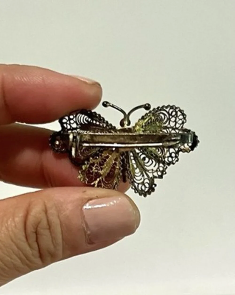 Vintage 800 Silver Filigree Butter Fly Pin. Multi Tone.